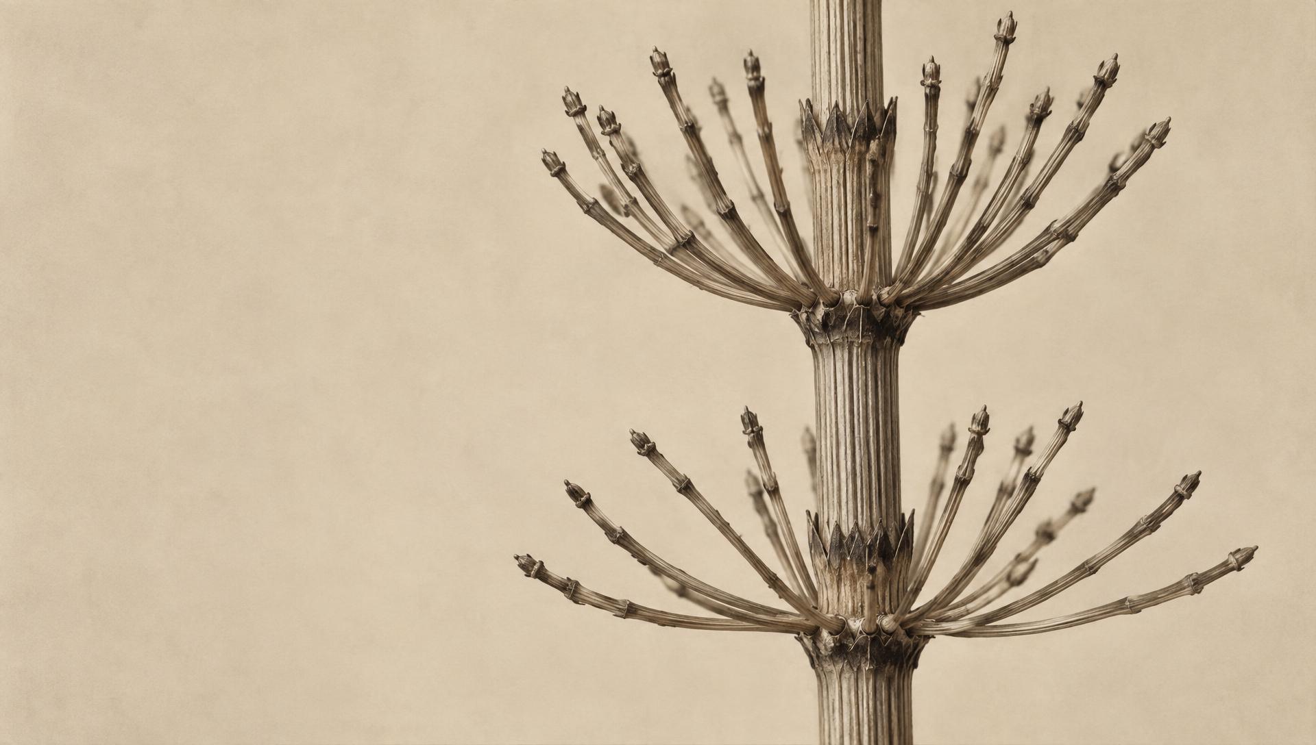 A Karl Blossfeldt style botanical study: a dried horsetail plant photographed against a warm bone-colored background