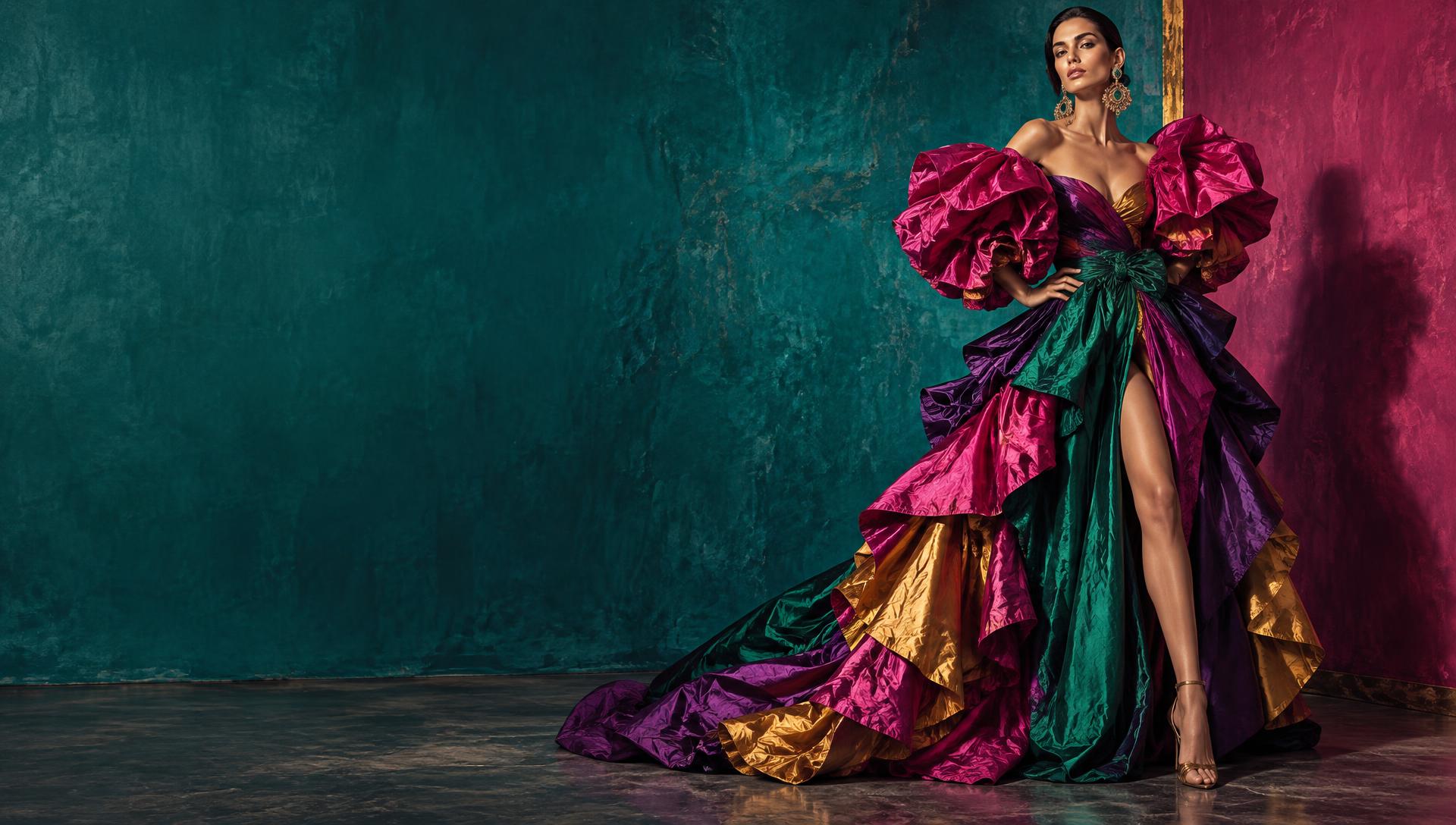 A vivid high-fashion editorial: a model in an extravagant jewel-toned couture gown with voluminous ruffled sleeves, against a deep teal and magenta painted backdrop