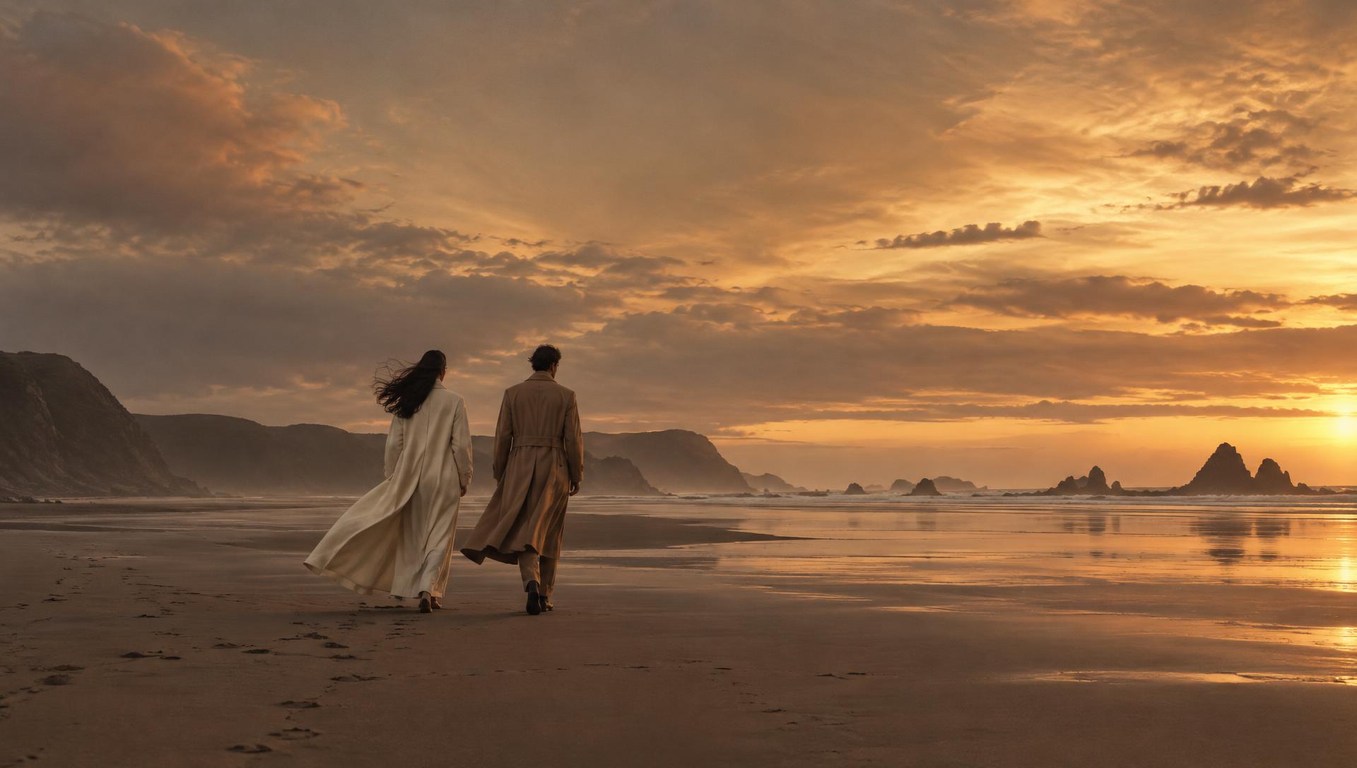 A cinematic campaign photograph: two models in long coats walking across an empty beach at dusk